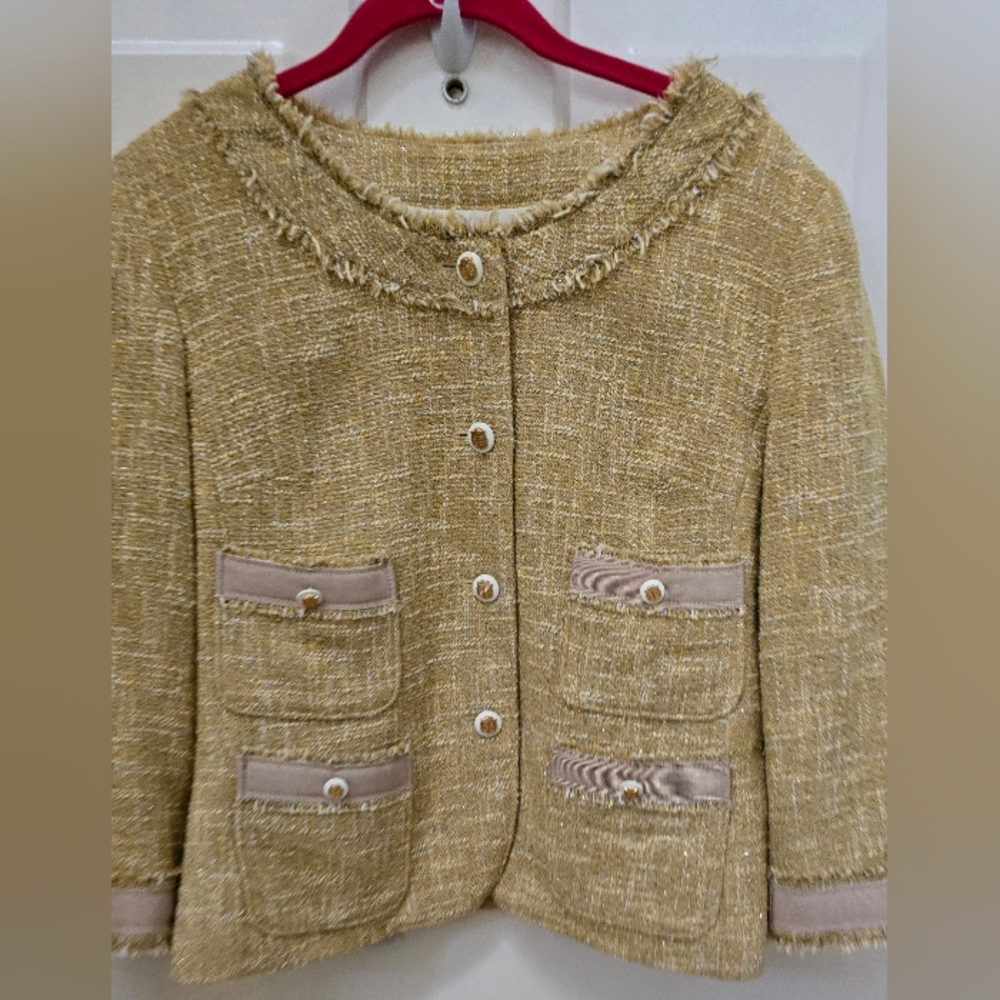 Talbots Yellow White Silver Chic Tweed Jacket w/ Fringe Details & Pockets-Sz 12